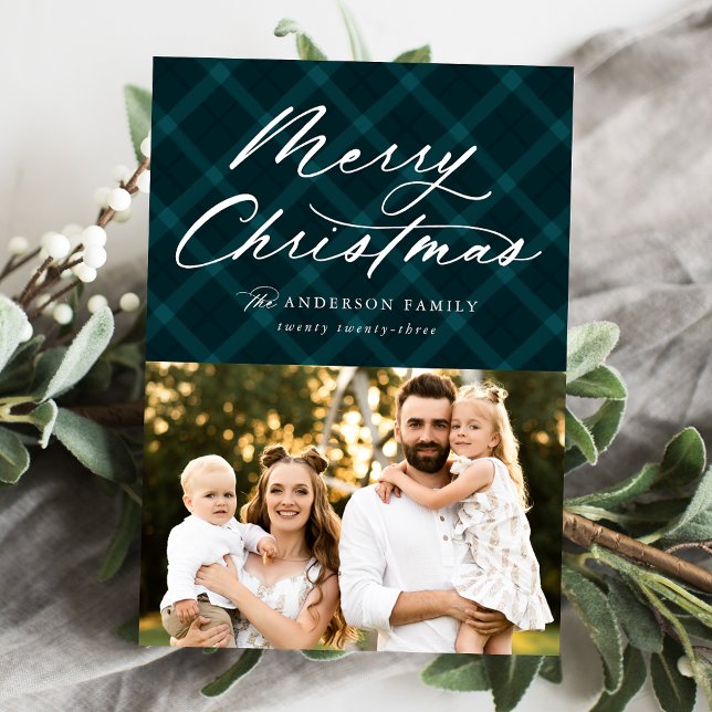 Teal Brushed Plaid Merry Christmas 3 Photo Holiday Card (Creator Uploaded)