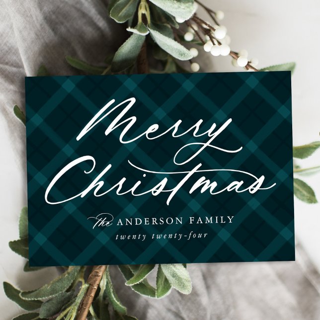 Teal Brushed Plaid Merry Christmas Non-Photo Holiday Card (Creator Uploaded)