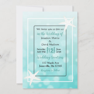 Teal Bubbles Starfish Beach Wedding Invitations
