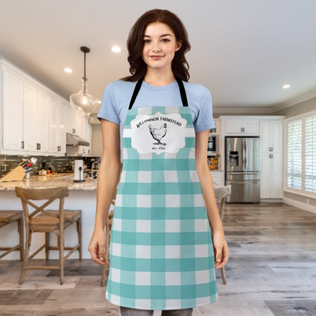 Teal Buffalo Plaid Farm Chicken Apron (Teal Buffalo Plaid Farm Chicken Personalized Apron)