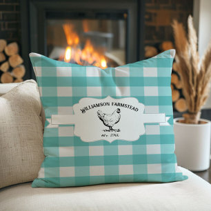 Teal Buffalo Plaid Farm Chicken Throw Pillow