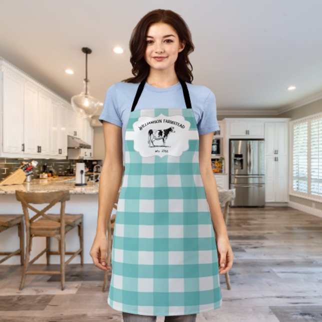 Teal Buffalo Plaid Farm Cow Apron (Teal Buffalo Plaid Farm Cow Personalized Apron)