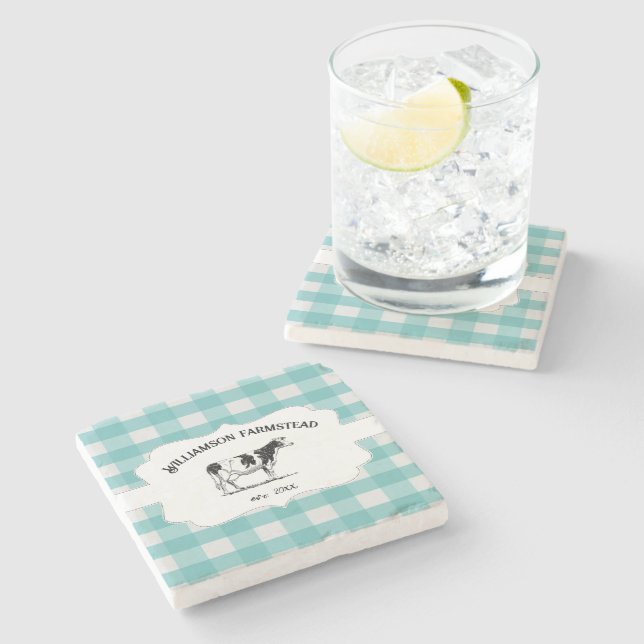 Teal Buffalo Plaid Farm Cow Stone Coaster (Side)
