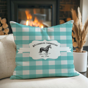 Teal Buffalo Plaid Farm Horse Cushion