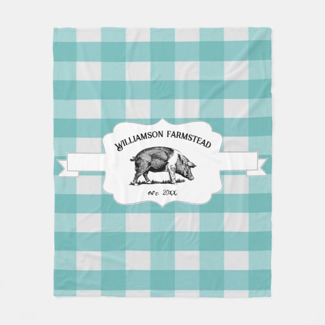 Teal Buffalo Plaid Farm Pig Fleece Blanket (Front)