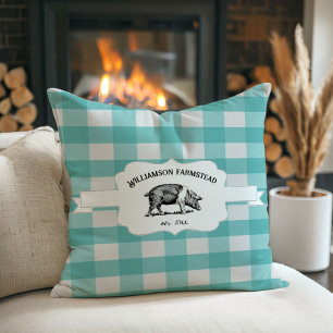 Teal Buffalo Plaid Farm Pig Throw Pillow