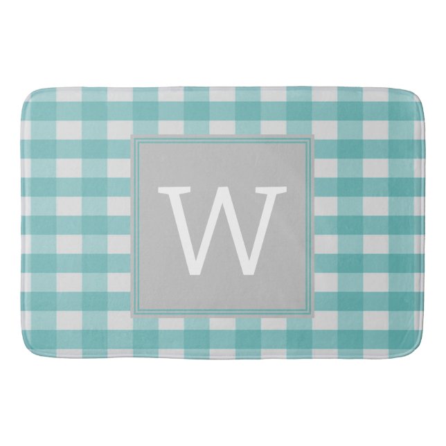 Teal Buffalo Plaid Monogram Bath Mat (Front)