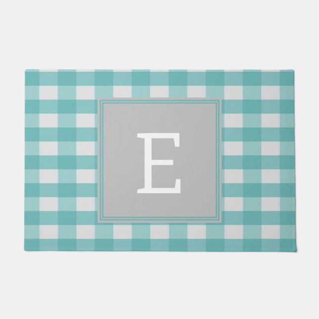 Teal Buffalo Plaid Monogram Doormat (Front)