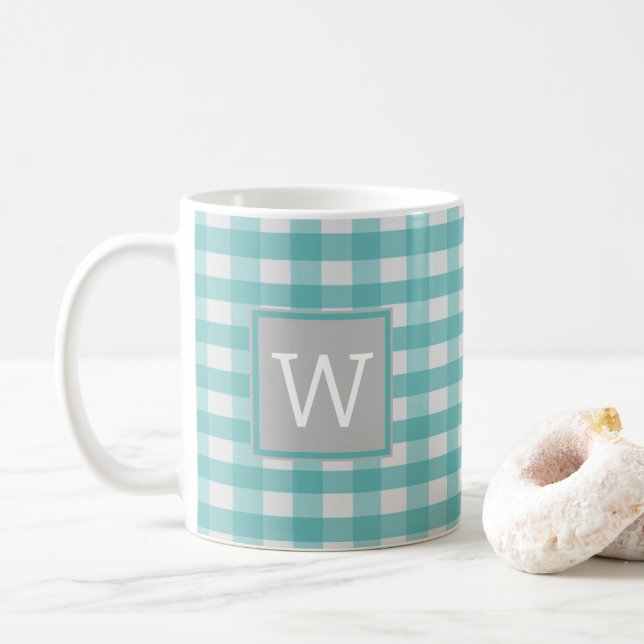 Teal Buffalo Plaid Monogram Mug (With Donut)