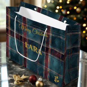 Teal, Burgundy, and Gold Plaid Christmas Custom Large Gift Bag