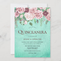 Teal Burgundy & Blush Quinceanera Party Invite