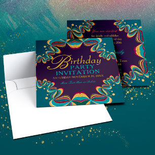 Teal Burgundy Gold Bohemian Tribal Lace Birthday Invitation