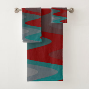 teal burgundy gray waves bath towel set