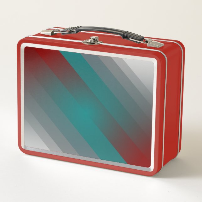 teal burgundy grey stripes metal lunch box (Front)