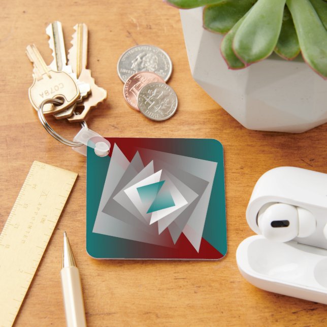 Teal Burgundy Grey Triangles Key Ring (Desk)