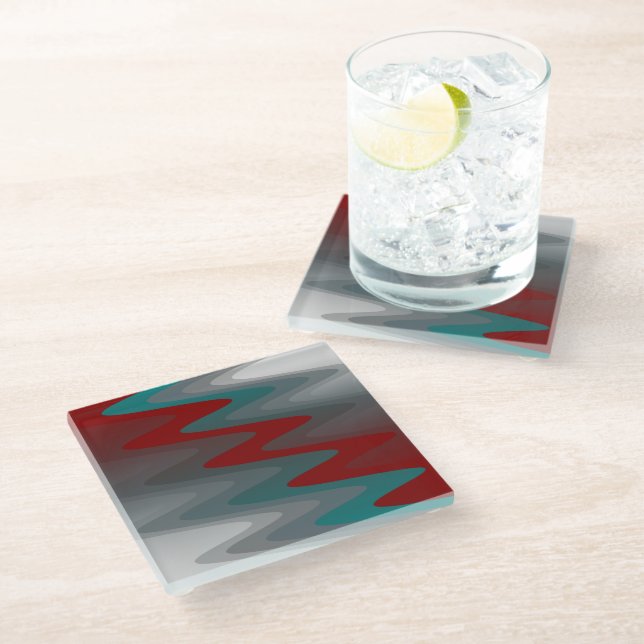 teal burgundy grey waves glass coaster (Angled)