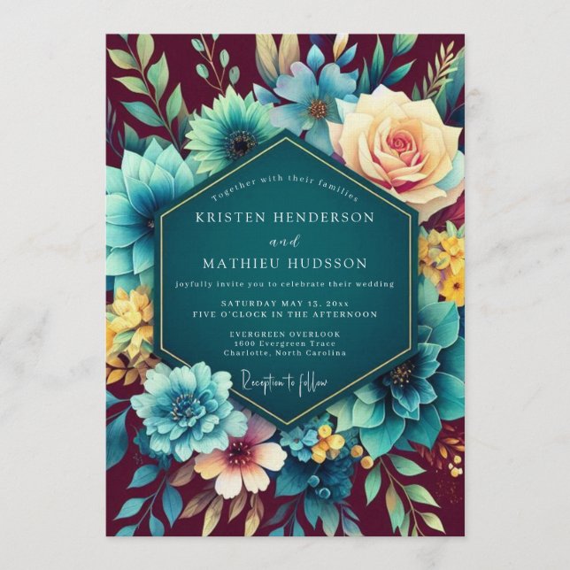 Teal & Burgundy Lush Botanical Wedding Invitation (Front)