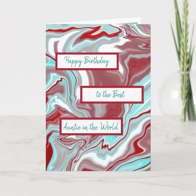 Teal Burgundy Marble Fluid Art Happy Birthday Aunt Card (Front)