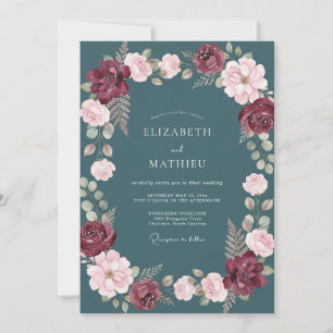 Teal Burgundy Moody Winter Wedding Invitation