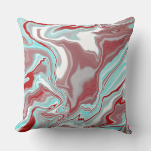 Teal, Burgundy, Red and White Marble Swirls   Cushion