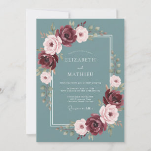 Teal Burgundy Sophisticated Winter Wedding Invitation