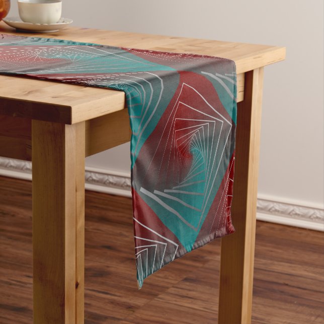 teal burgundy spin medium table runner (In Situ)