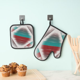 Teal burgundy spinning oven mitt & pot holder set