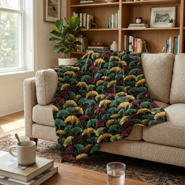 Teal Burgundy Vintage Ginkgo Leaf Pattern  Fleece Blanket (Creator Uploaded)