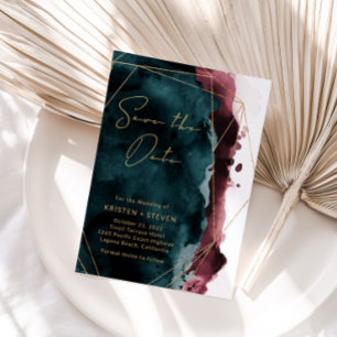 Teal & Burgundy Watercolor Save The Date Invitation