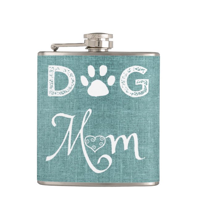Teal Burlap Dog Mum Flask (Front)