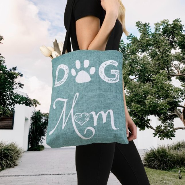 Teal Burlap Dog Mum Tote Bag (Teal Burlap Dog Mom Tote Bag)