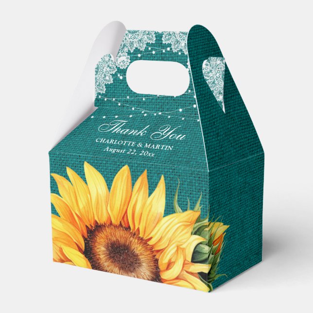 Teal Burlap Lace String Lights Sunflower Wedding Favour Box (Front Side)