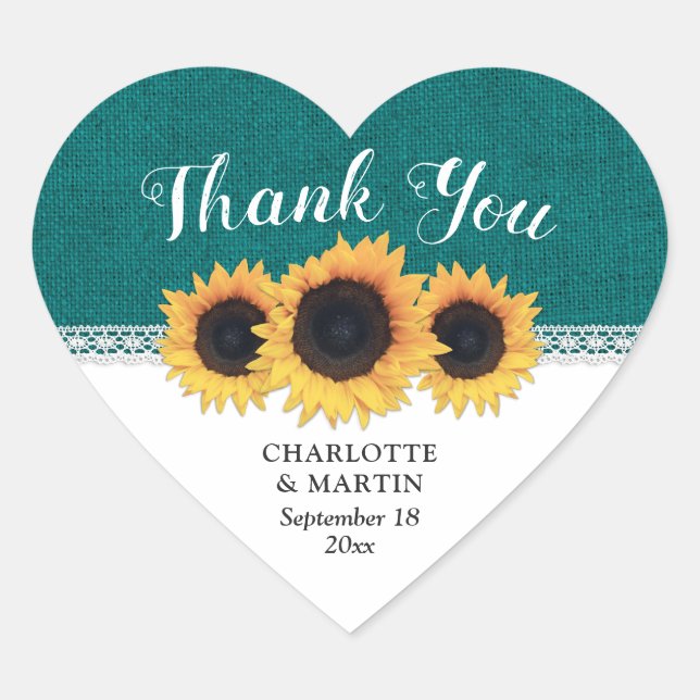 Teal Burlap Sunflower Wedding Thank You Heart Sticker (Front)