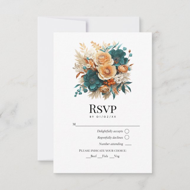 Teal, Burnt Orange & Champagne Floral Wedding RSVP Card (Front)