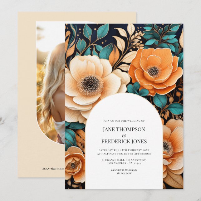 Teal Burnt Orange Champagne Photo QR Code Wedding Invitation (Front/Back)