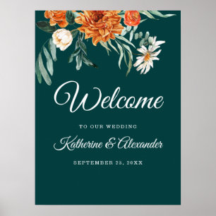 Teal Burnt Orange Elegant Floral Welcome Wedding  Poster