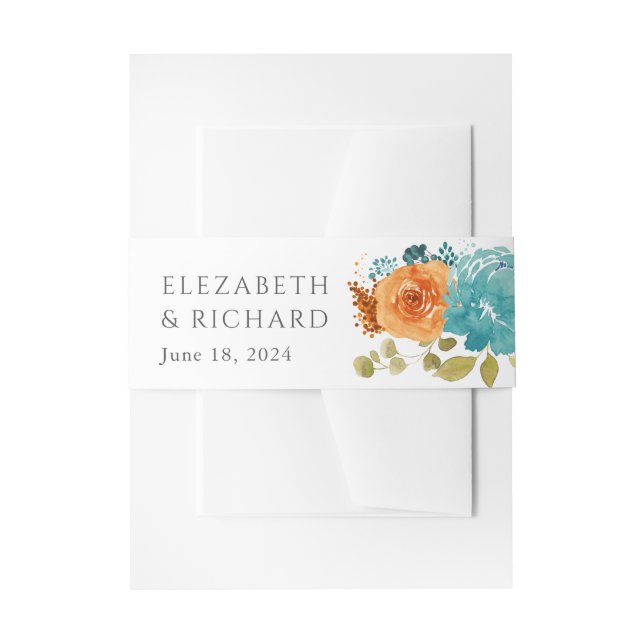 Teal Burnt Orange Fall Floral Wedding  Invitation Belly Band (Front Example)