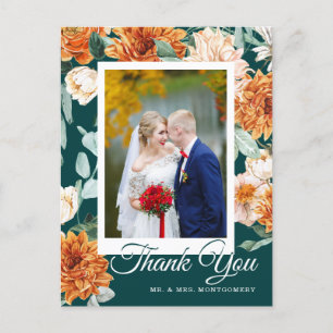 Teal Burnt Orange Floral Autumn Wedding Thank You Postcard