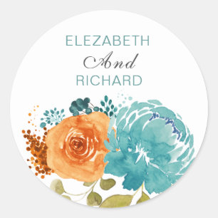 Teal Burnt Orange Floral Boho Classic Round Sticker