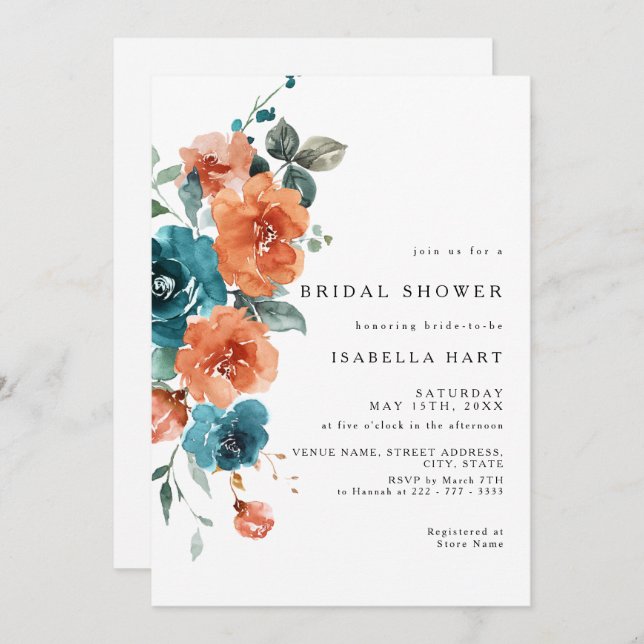 Teal Burnt Orange Floral Bridal Shower Invitation (Front/Back)