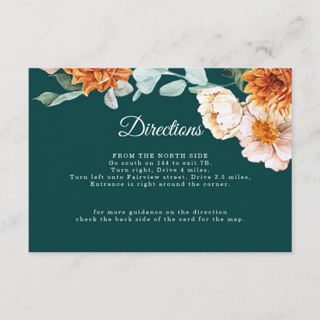 Teal Burnt Orange Floral Direction Details Wedding Enclosure Card (Front)
