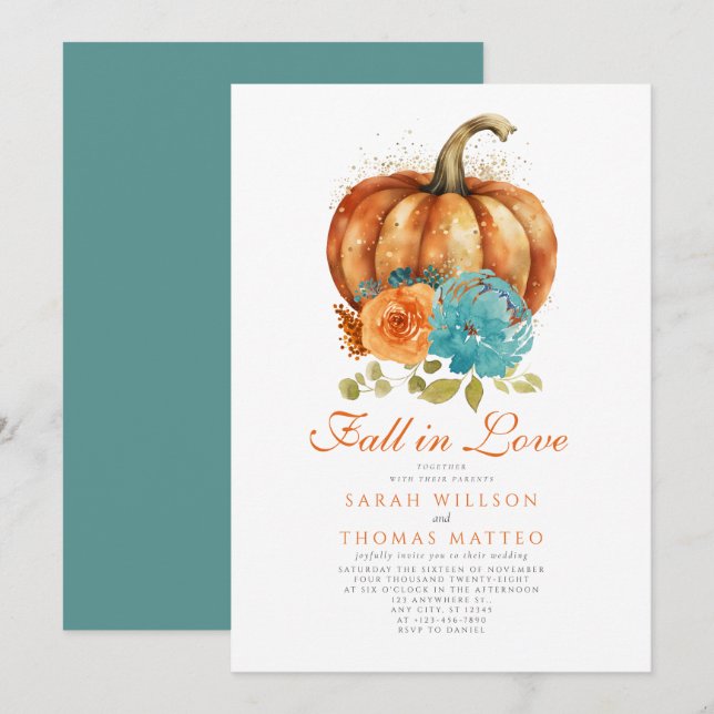 Teal Burnt Orange Floral Fall In Love Floral Invitation (Front/Back)
