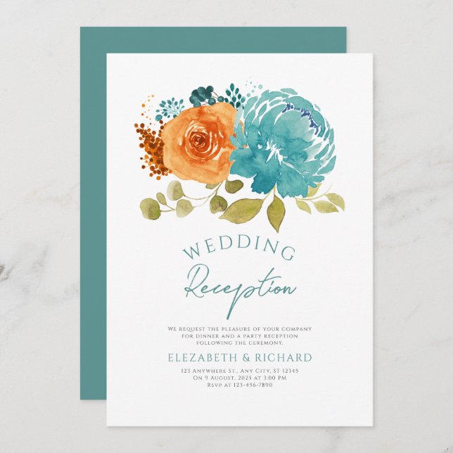 Teal Burnt Orange Floral Fall Wedding Reception Invitation (Front/Back)