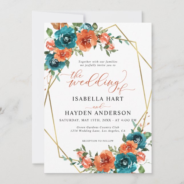 Teal Burnt Orange Floral Gold Boho Wedding Invitation (Front)