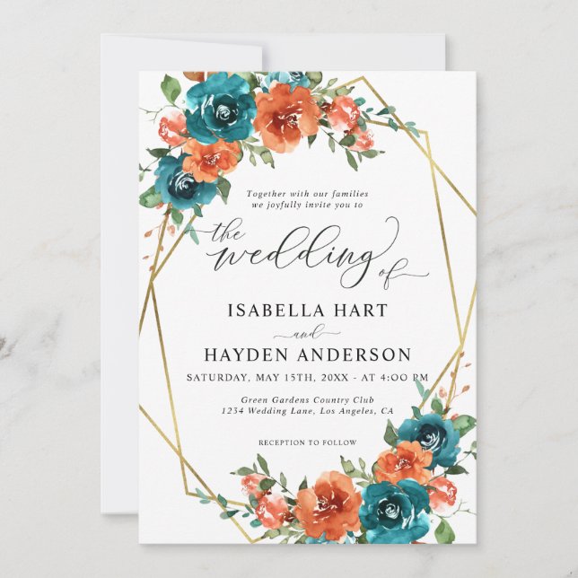 Teal Burnt Orange Floral Gold Frame Wedding Invitation (Front)