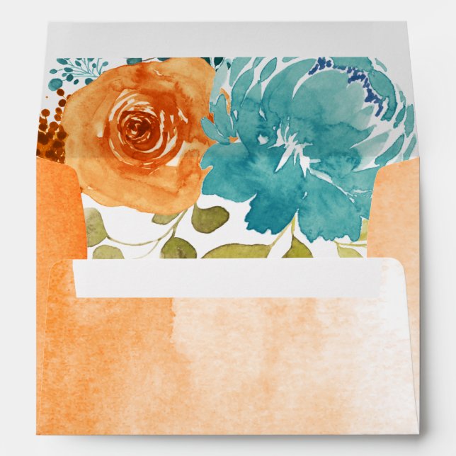 Teal burnt Orange Floral Terracotta Wedding Envelope (Back (Bottom))