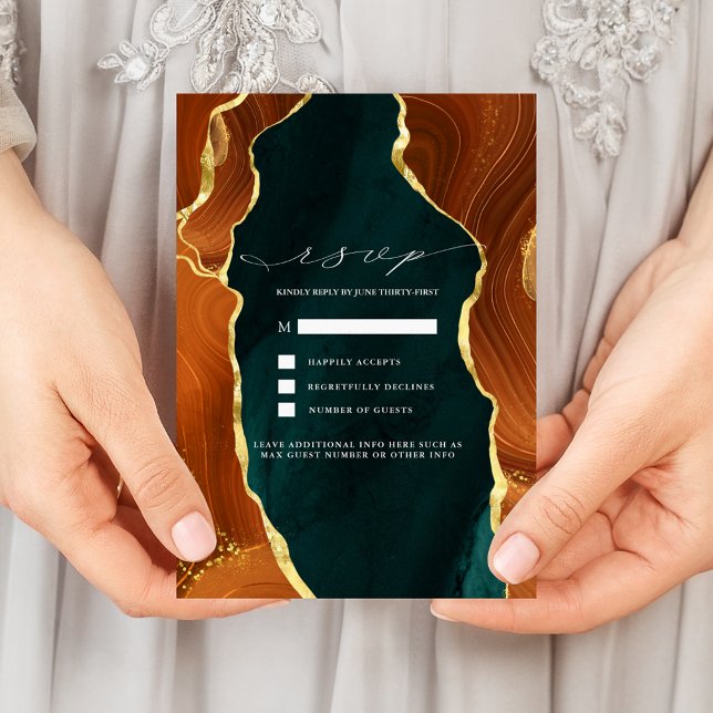 Teal, Burnt Orange & Gold Agate RSVP Invitation (Creator Uploaded)