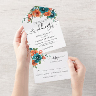  Teal Burnt Orange Rust Floral Rustic Wedding RSVP All In One Invitation