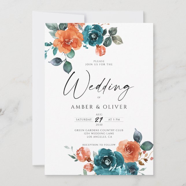 Teal Burnt Orange Rust orange Floral Wedding Invitation (Front)