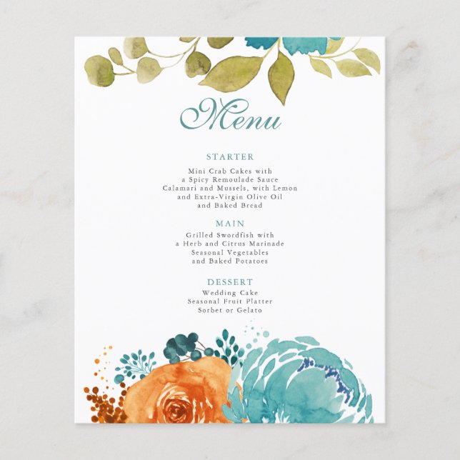 Teal Burnt Orange Terracotta Fall Wedding Menu (Front)